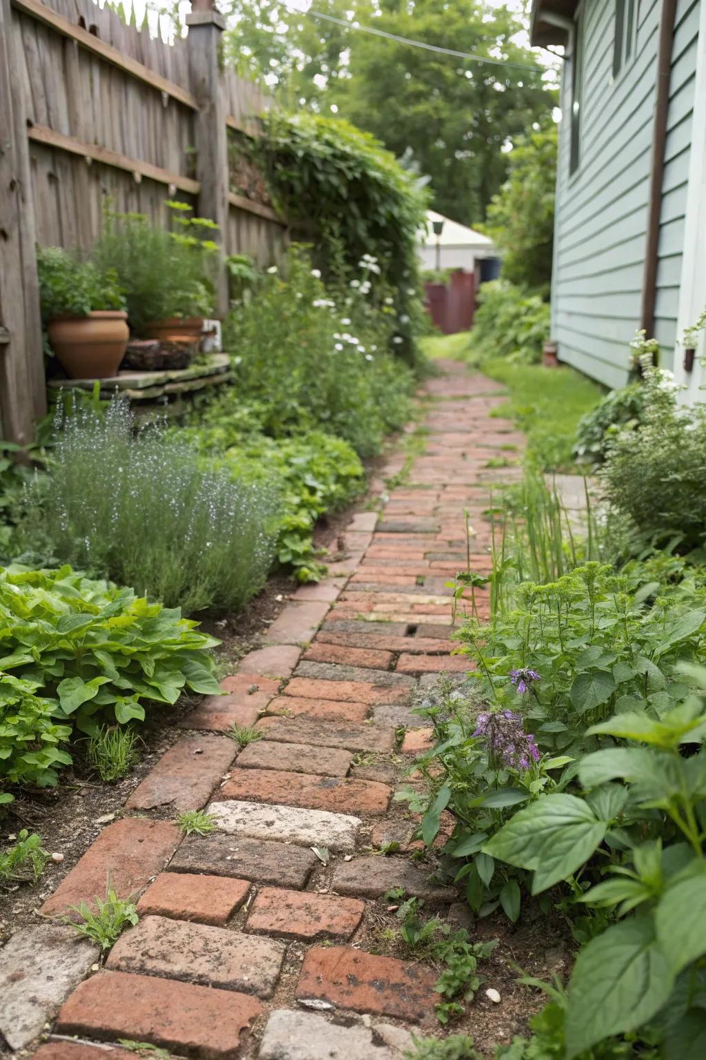 Salvaged bricks create a timeless and unique path.