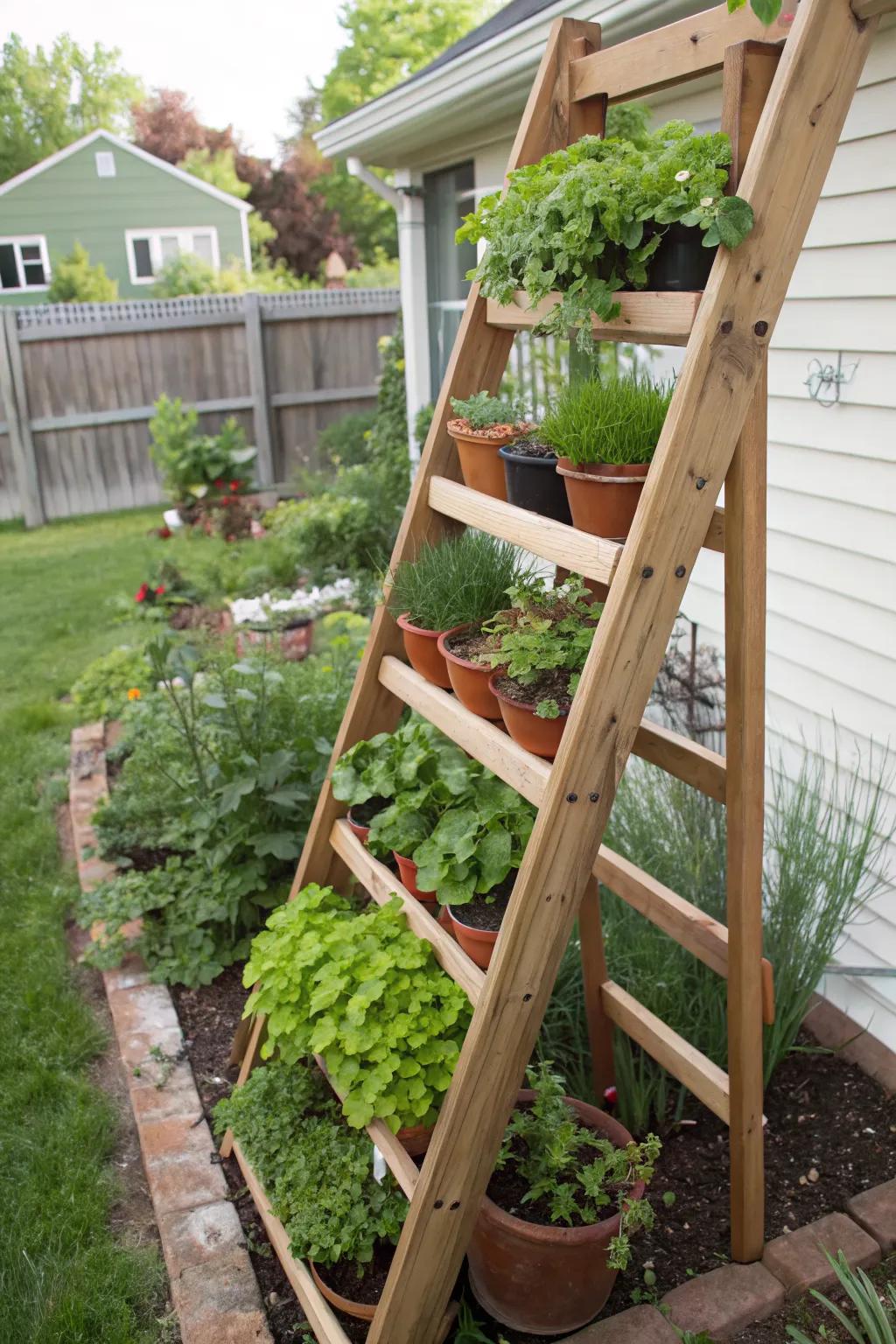 A vertical herb garden maximizes space and adds utility to your tiers.
