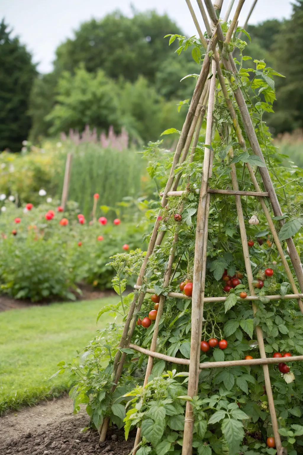 A charming bamboo teepee trellis adorned with vibrant cherry tomatoes.