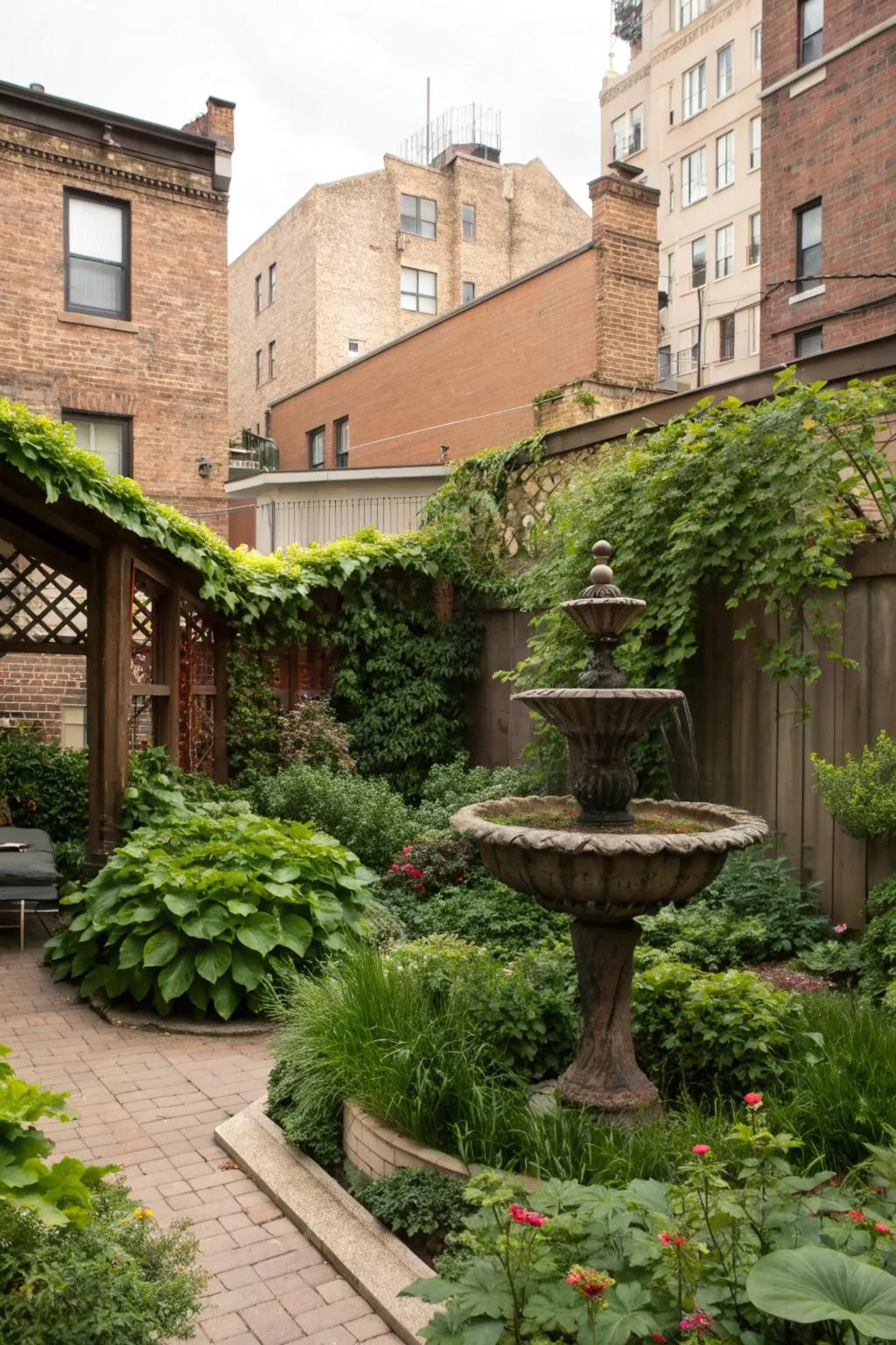 A tranquil Chicago garden with a charming water feature.