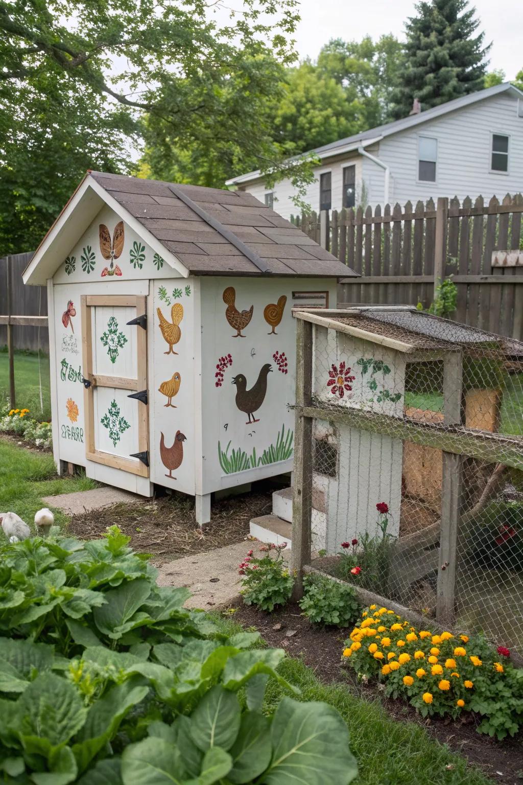 A creatively stenciled chicken coop that adds personality and charm.