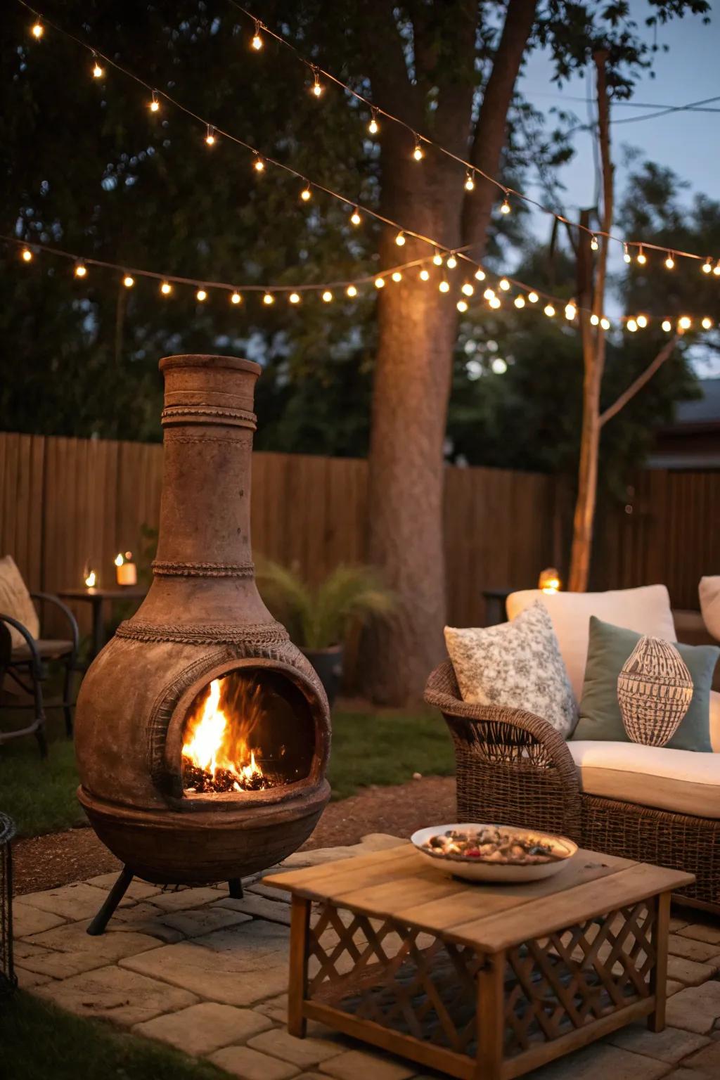 Fuse warmth and style with a chiminea-fire pit combo.