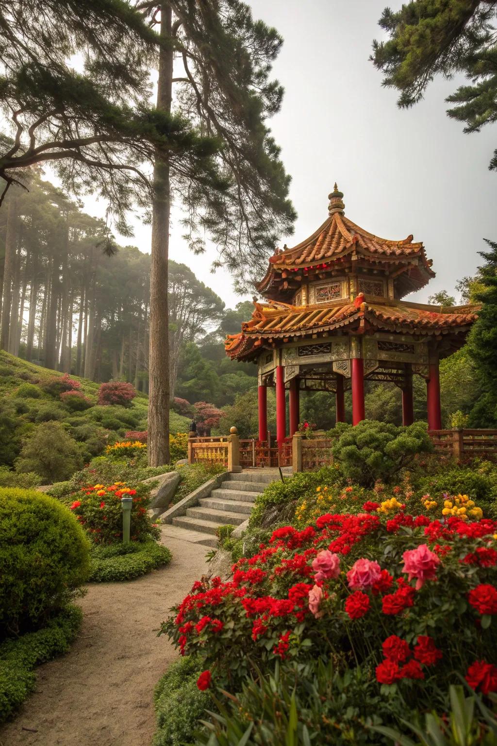 A traditional pavilion nestled amidst lush greenery for peaceful reflection.