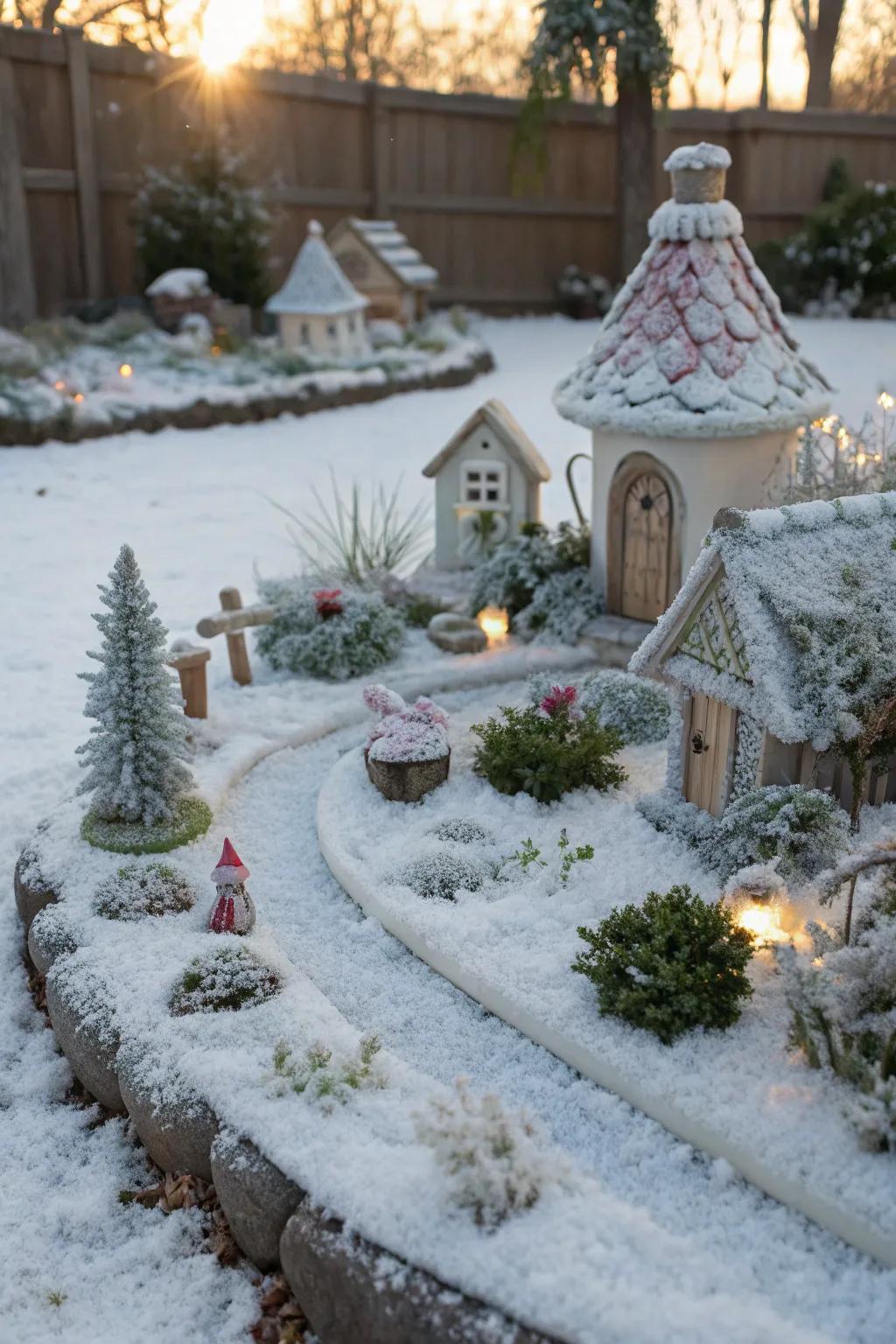 Snow effects add a touch of winter magic to your fairy garden.