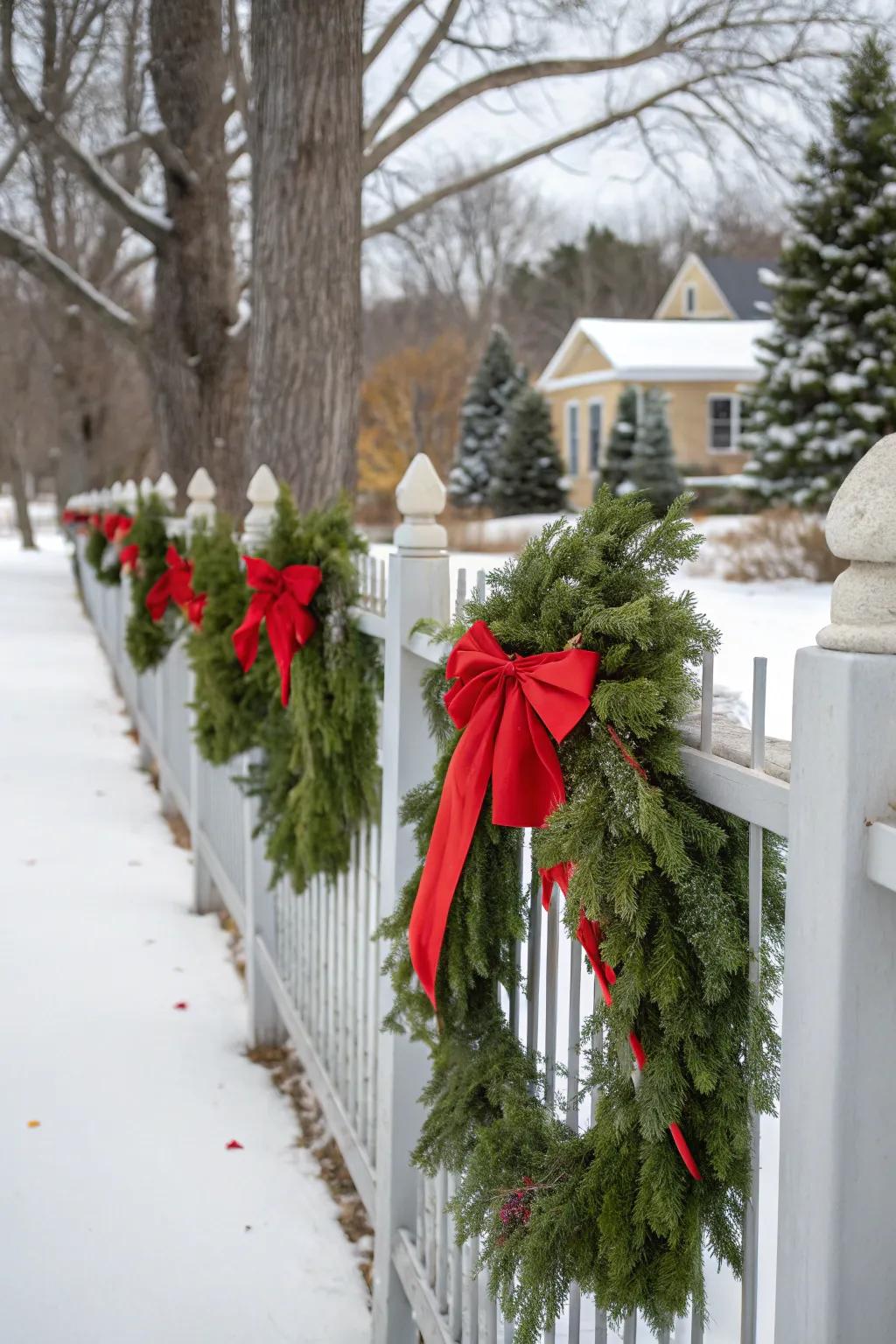 Pine garlands and red bows add classic holiday charm to the fence.