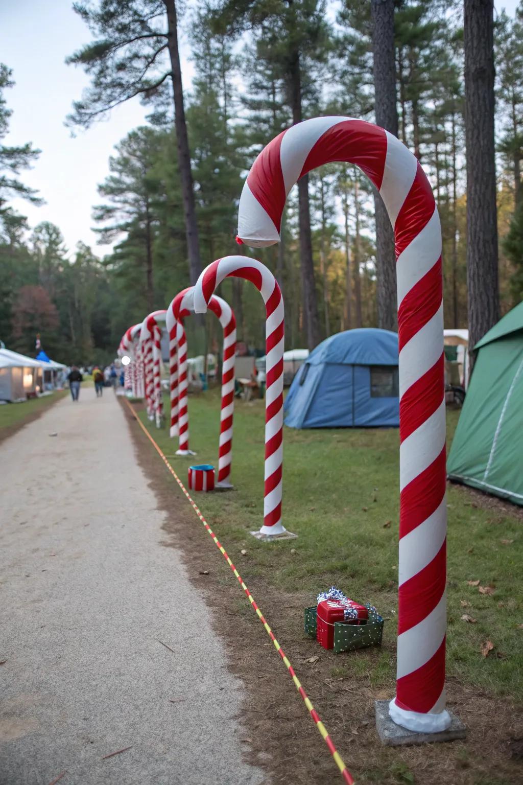Oversized candy canes add a playful touch to your campsite.