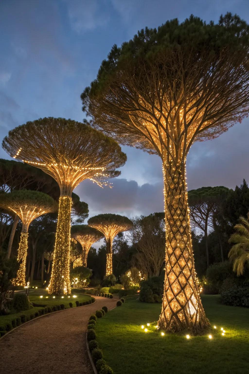 Trees wrapped in lights, transforming the garden into a glowing winter wonderland.