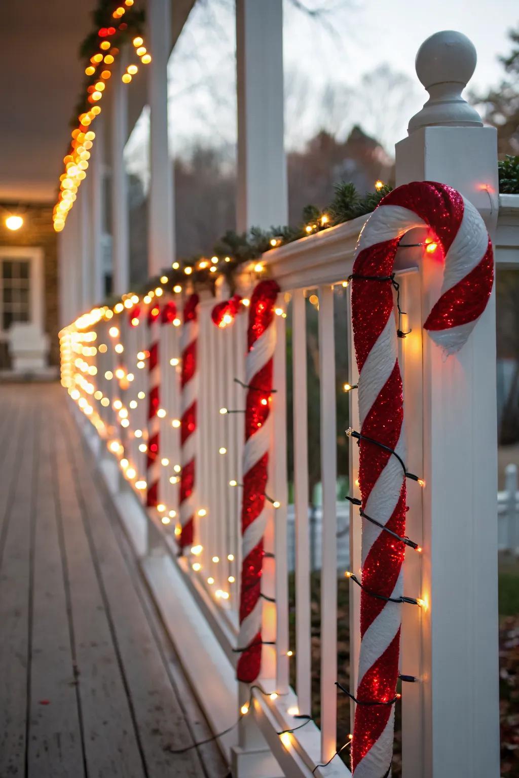 Candy cane delight with red and white lights wrapped around porch railings.