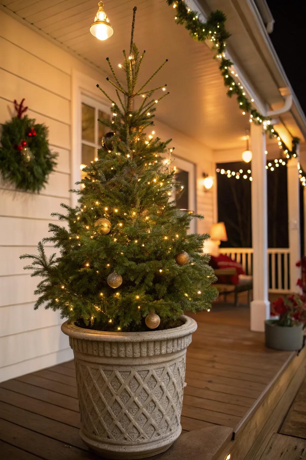 A potted Christmas tree offers a modern twist to porch decor.