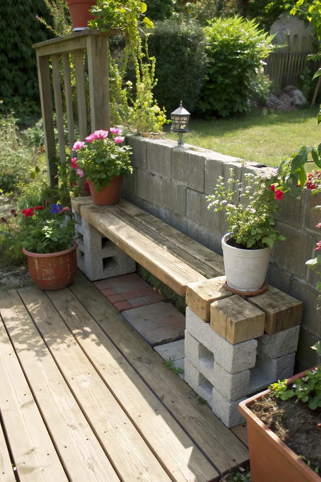 Cinder block benches provide a perfect spot to relax in your garden.