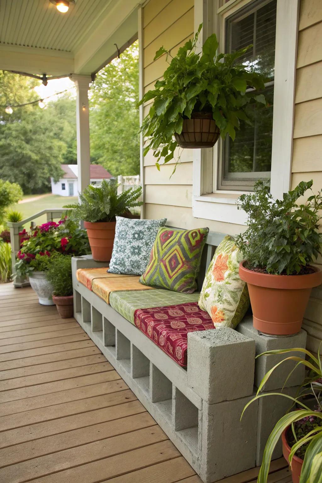 A cozy cinder block bench perfect for relaxing on the porch.