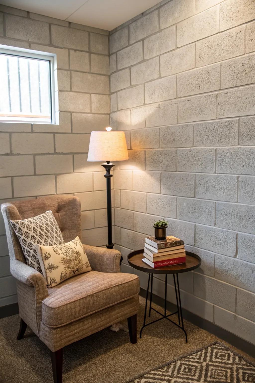 Textured wallpaper brings indoor cinder block walls to life.