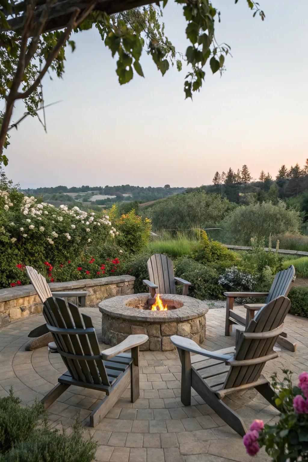 Classic Adirondack chairs encircle a stone fire pit, inviting relaxation.