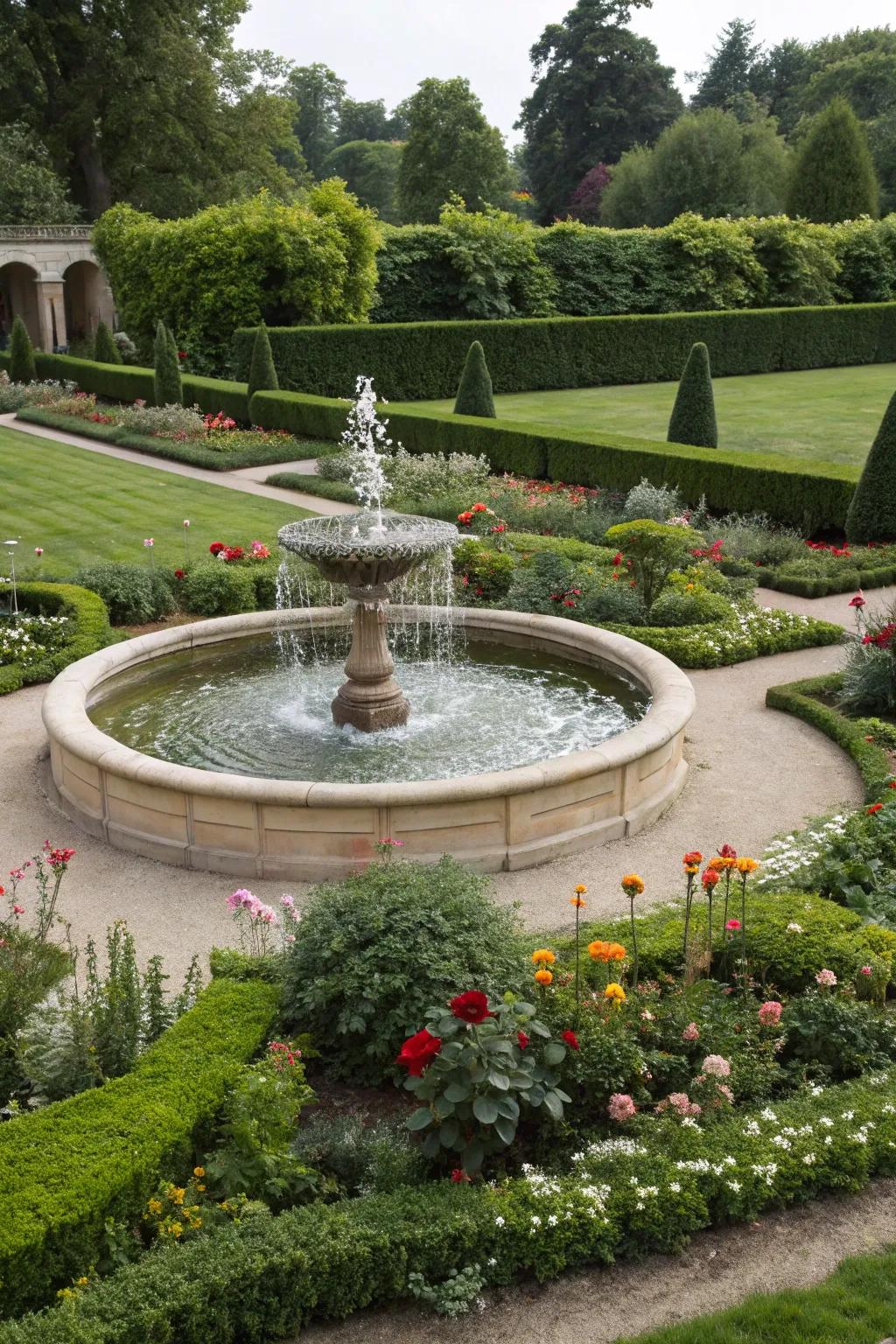 A serene garden fountain at the heart of a circular landscape.