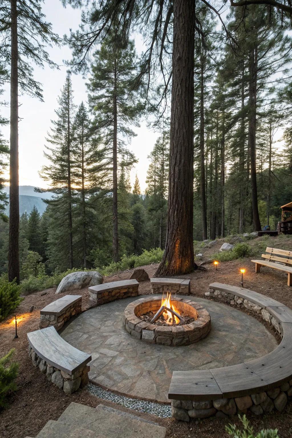 Create a woodland retreat with a fire pit nestled among trees.