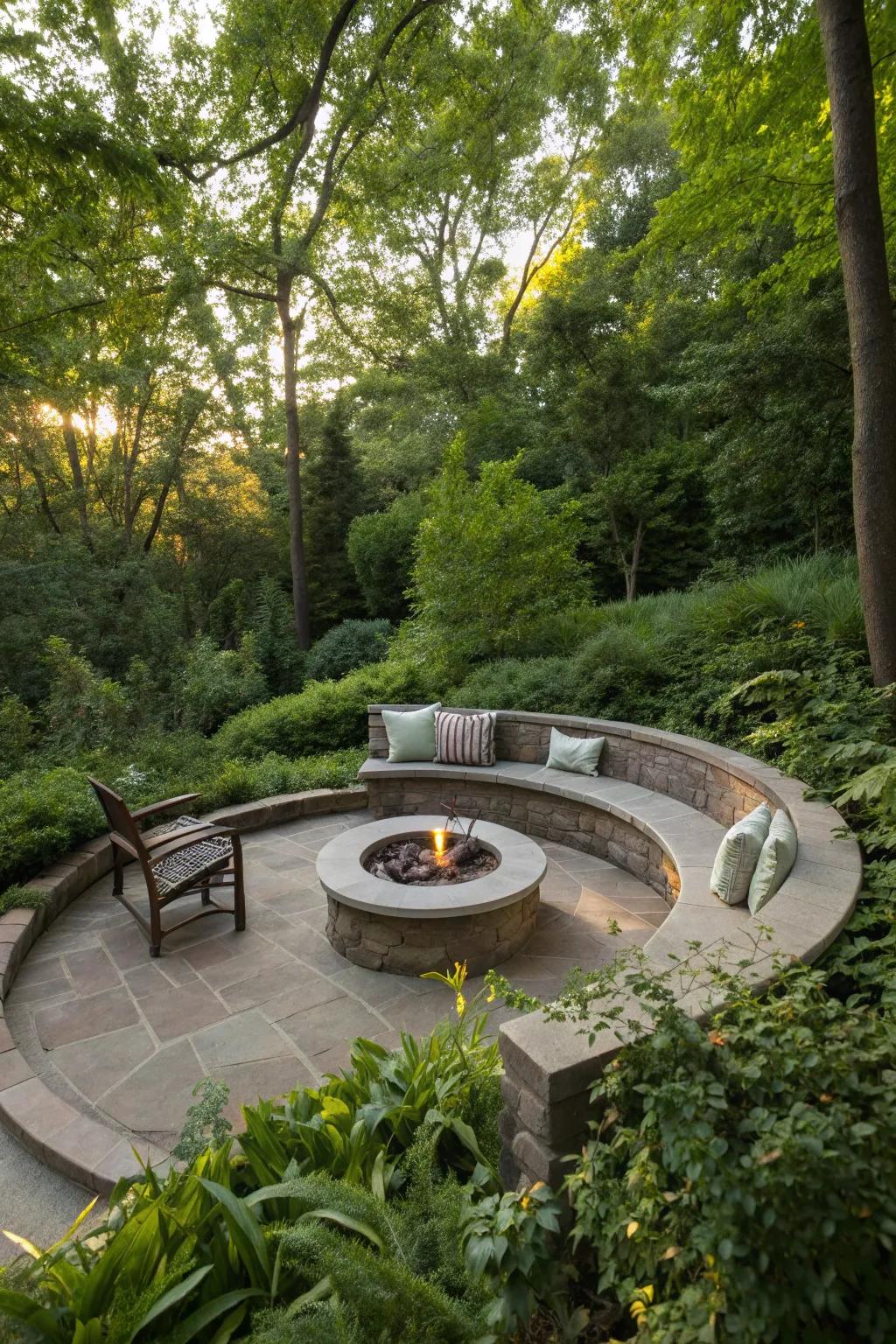 Sunken seating offers a cozy and intimate setting around a fire pit.