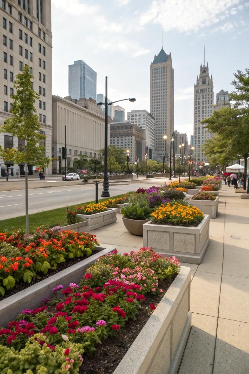 Raised flower beds in a city front yard showcasing colorful blooms.