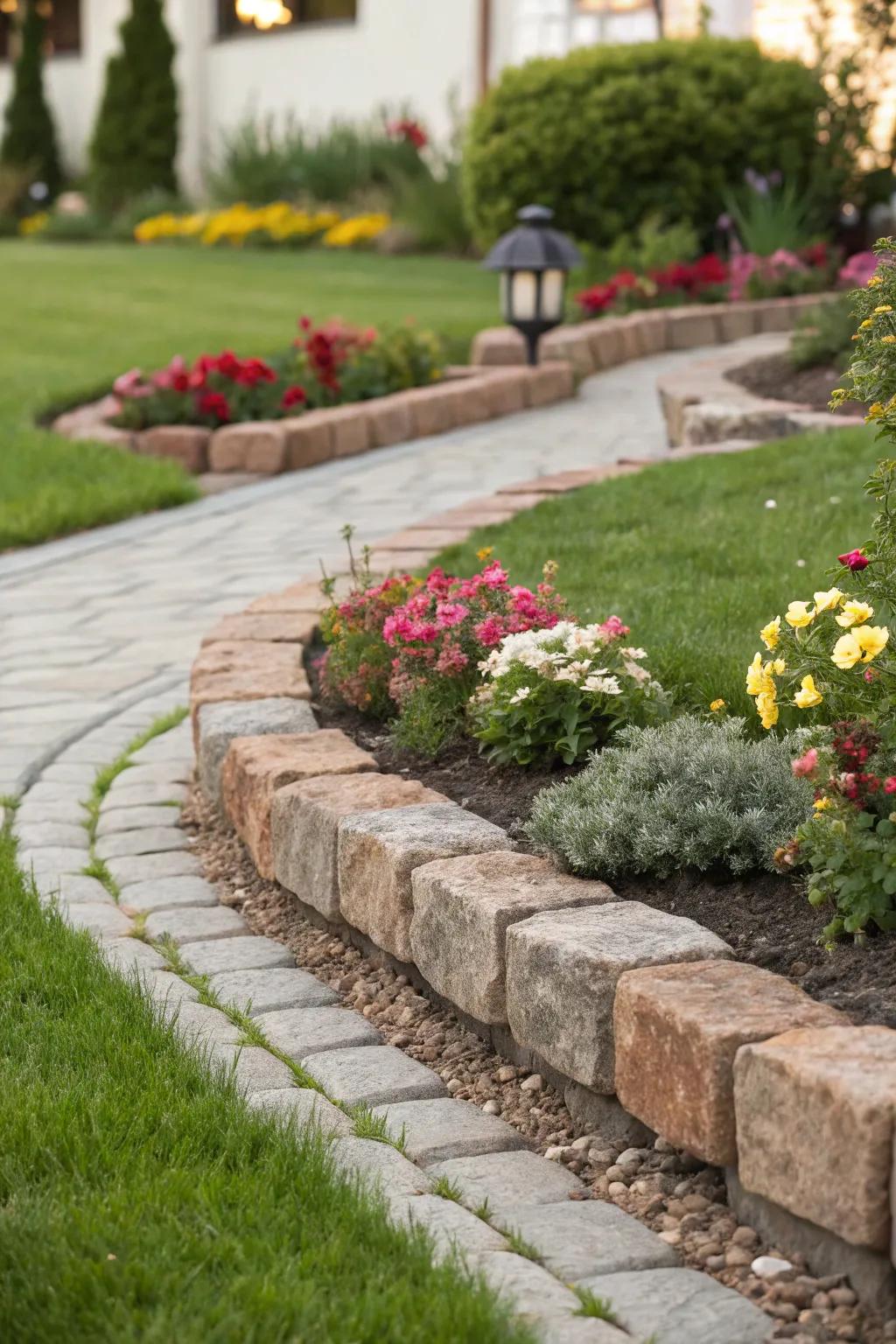 Stone edging creating a neat separation between grass and garden beds.