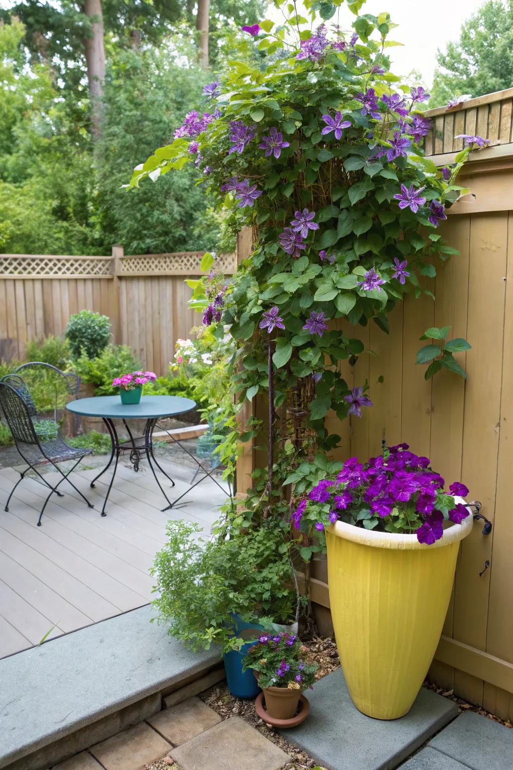 Clematis thriving in a vibrant container on a patio.