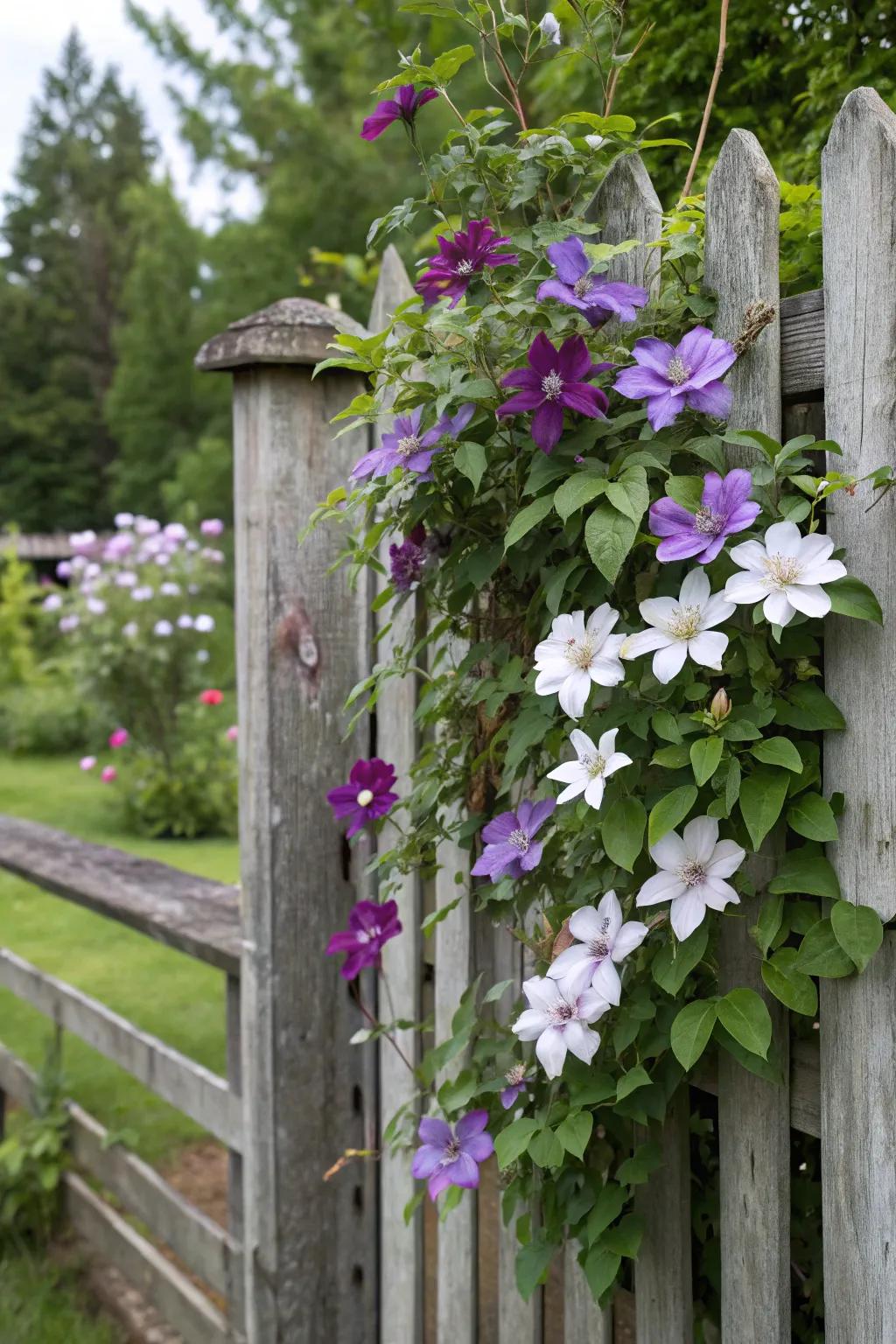 A wooden fence transformed by flowering clematis vines.