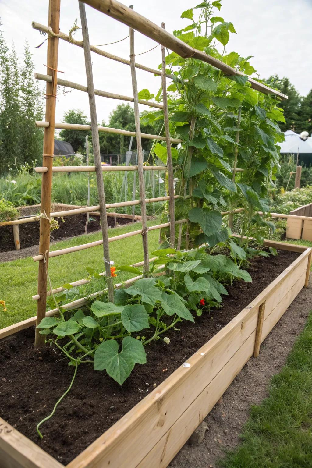 Bamboo-framed raised garden bed with thriving cucumbers.