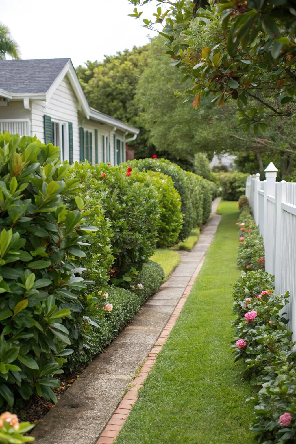 Clusia hedges accentuate a garden walkway.