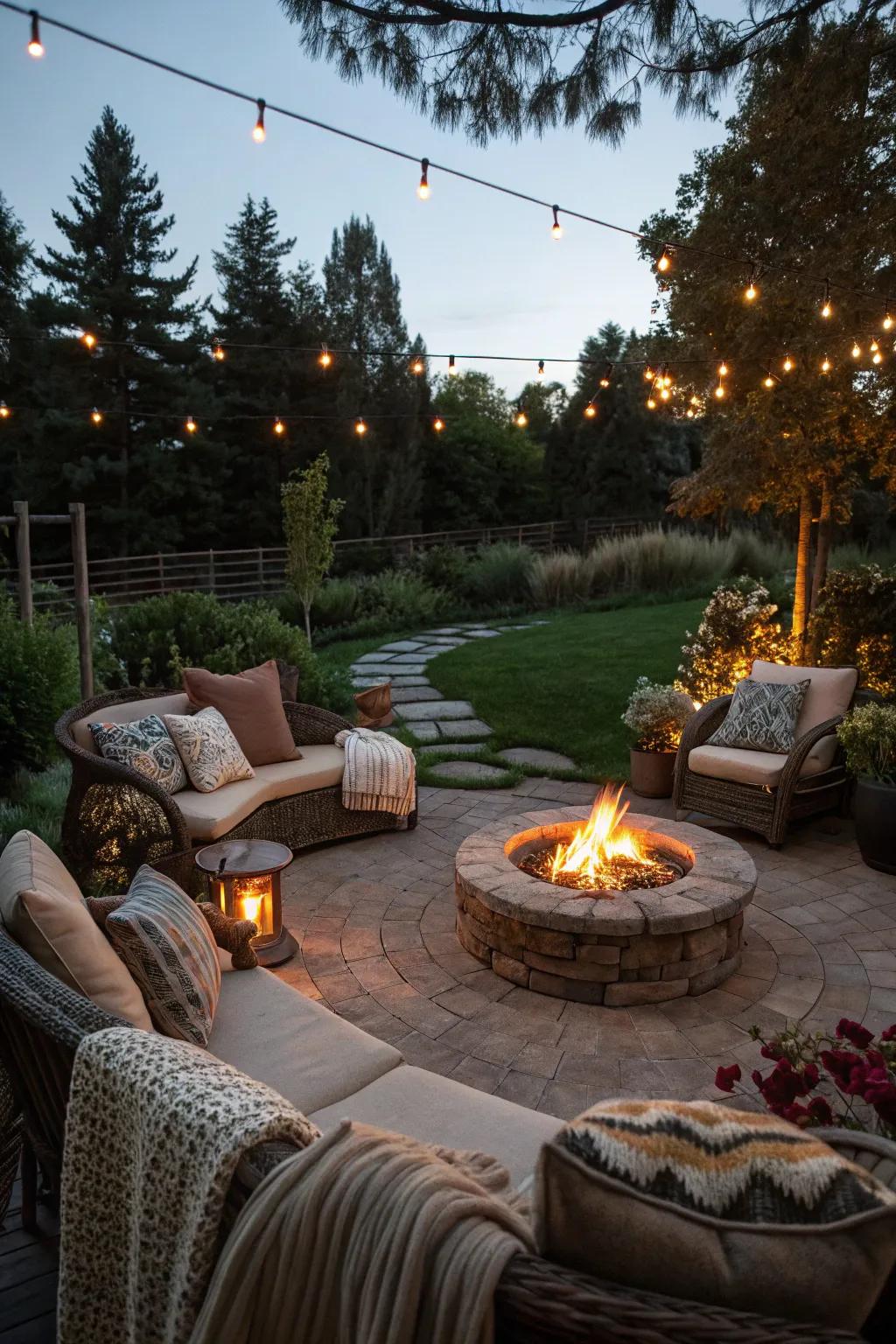 A fire pit provides the perfect setting for cozy evenings.