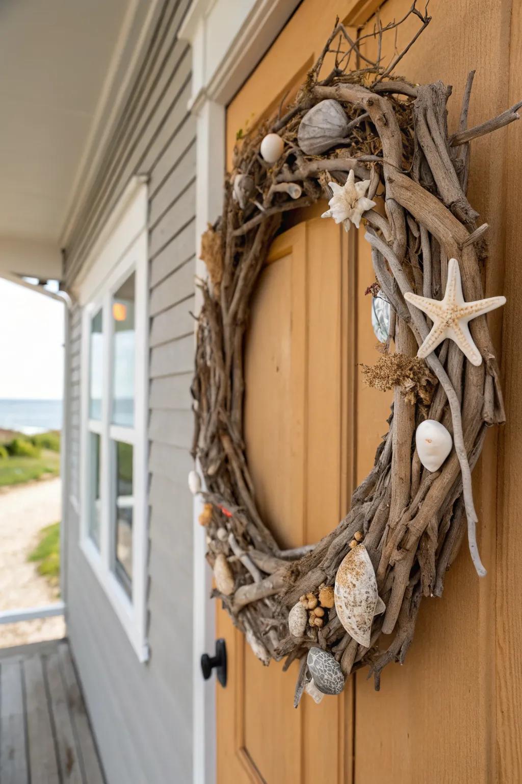 A driftwood and seashell wreath perfect for coastal elegance.