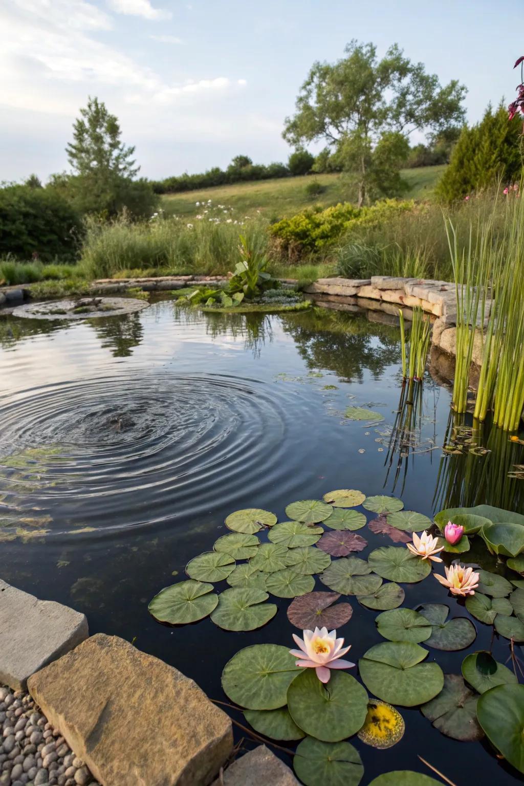 A serene backyard pond echoing the calmness of the ocean.