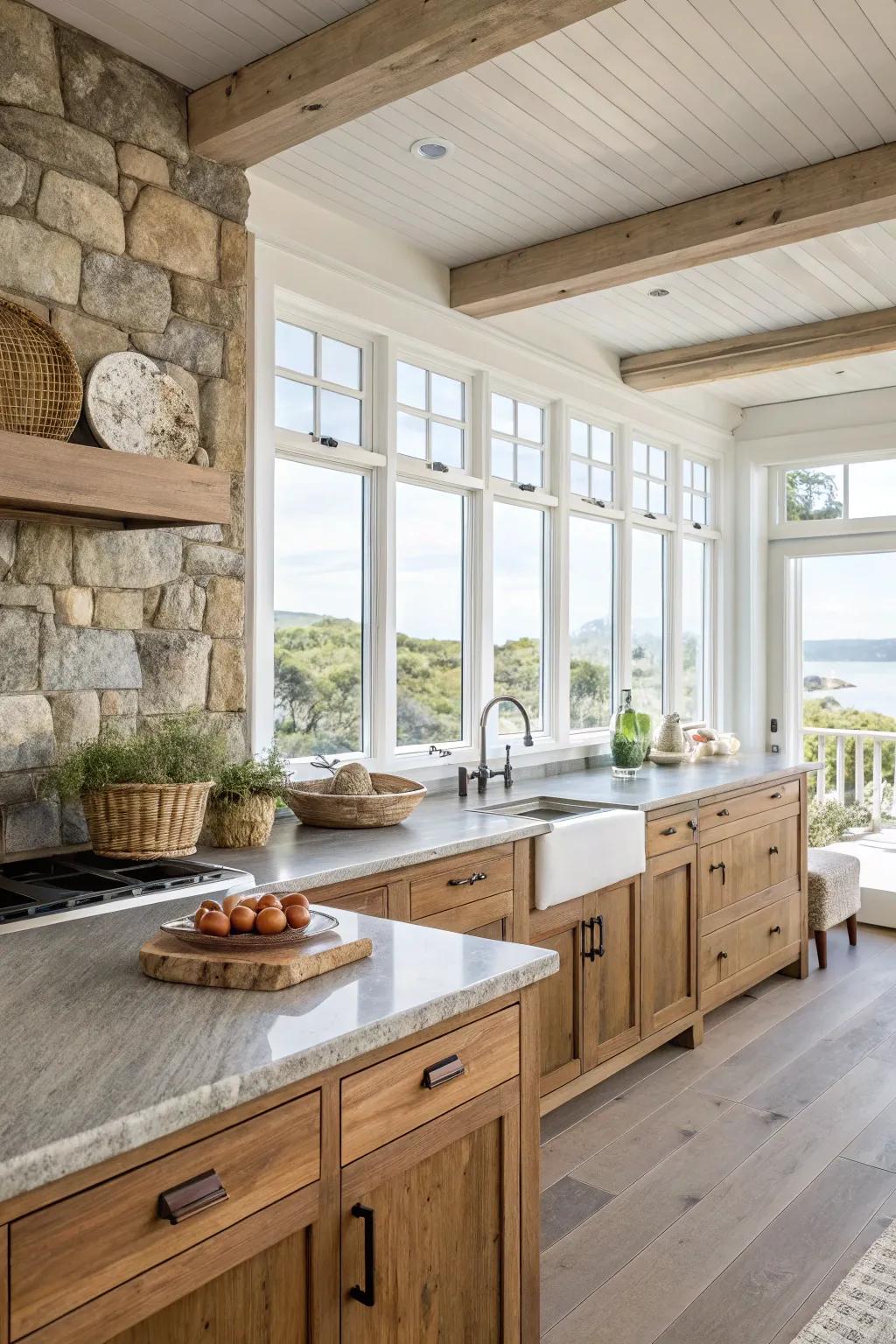 Kitchen featuring natural stone and wood.