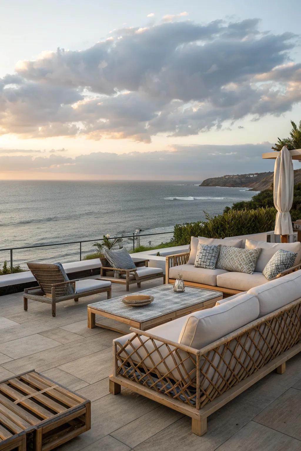 Comfortable seating is key for a cozy coastal patio.