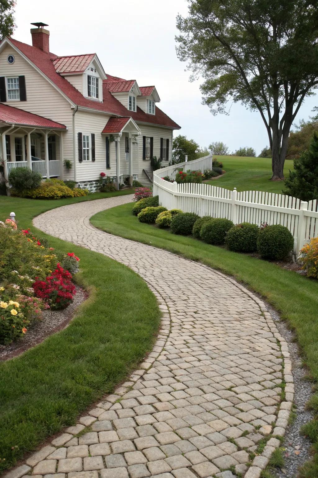 An inviting cobblestone driveway.