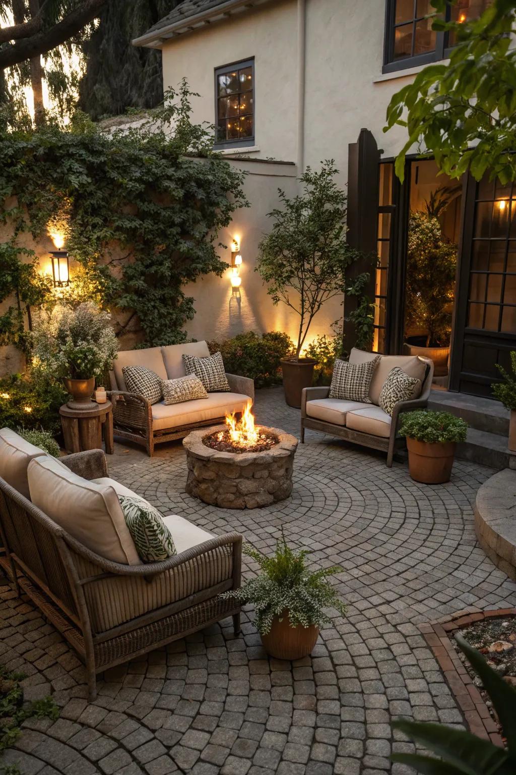 A rustic cobblestone patio perfect for relaxing and entertaining.