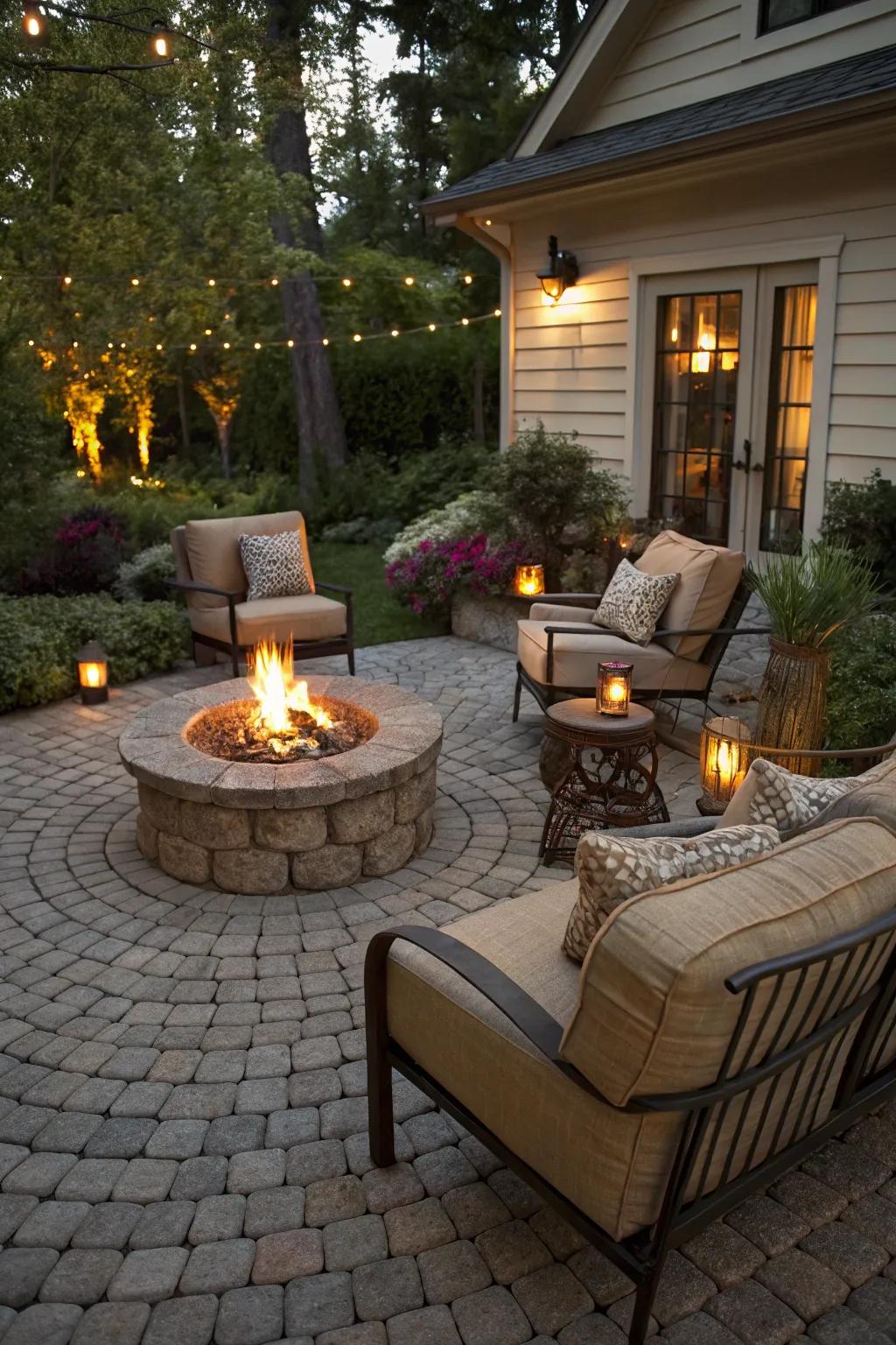 Add warmth and charm with a fire pit centerpiece.