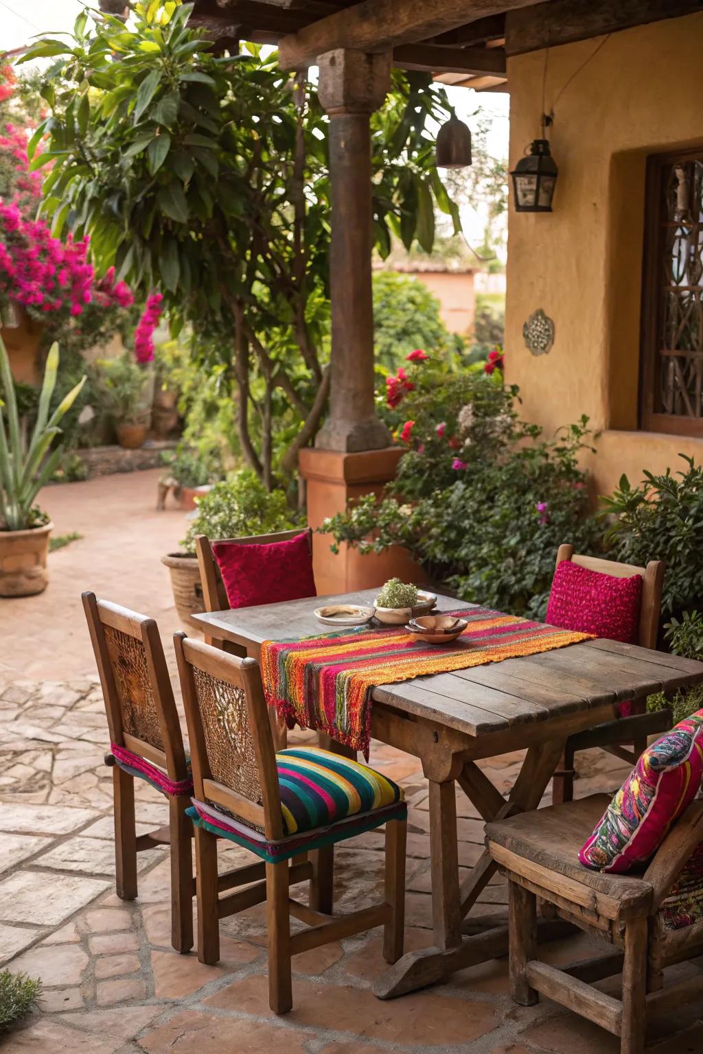 Rustic wooden furniture adds charm to your patio.