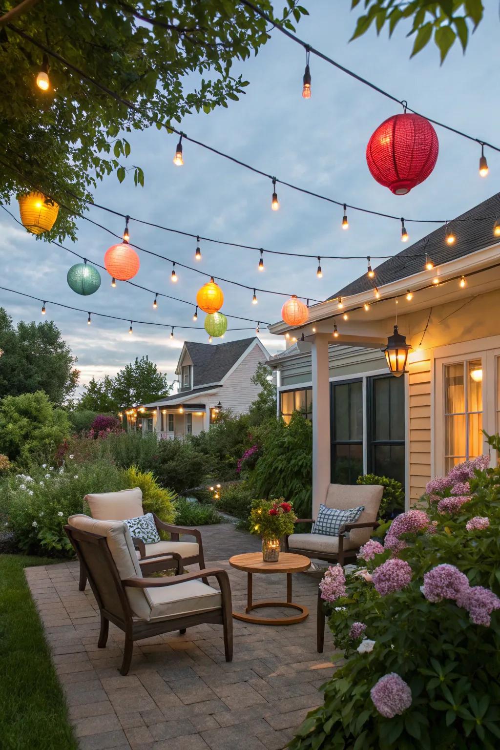 Twinkling lights create a magical evening atmosphere.