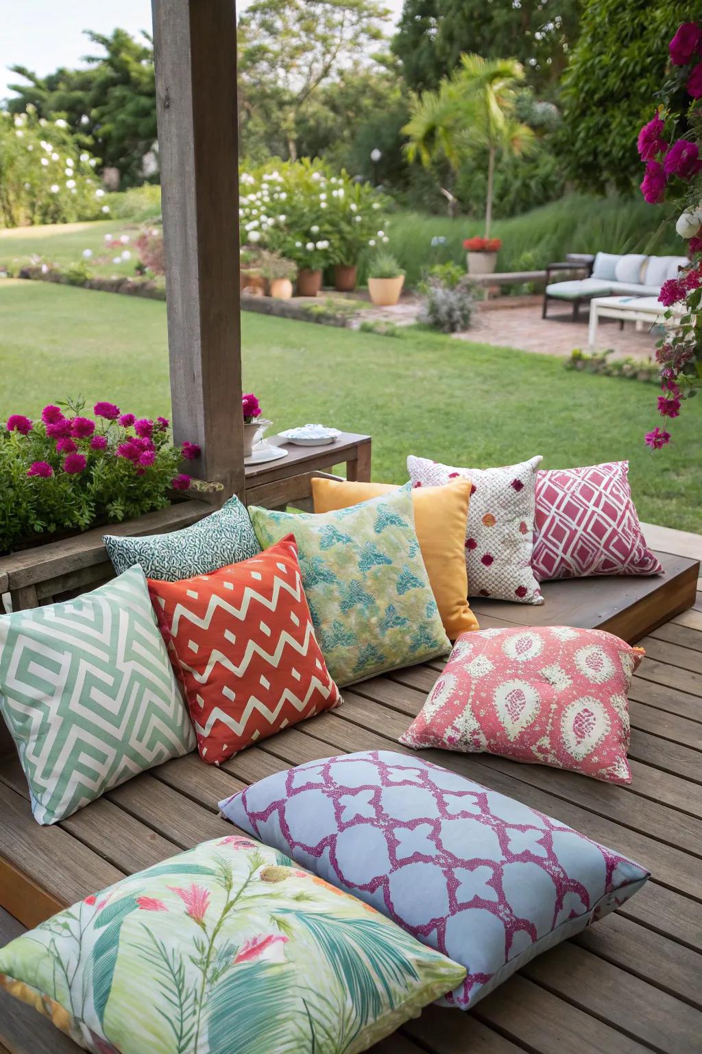 Outdoor seating adorned with a variety of colorful pillows in different patterns.