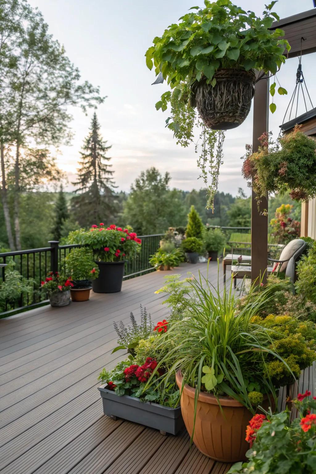 Integrate greenery to create a seamless transition between your deck and garden.