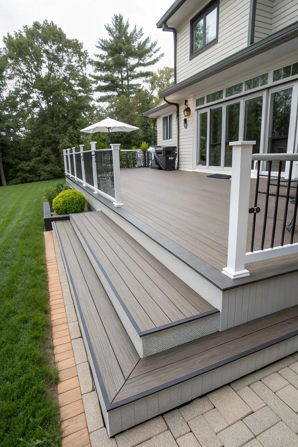 Elegant composite deck featuring raised fascia boards for a polished appearance.
