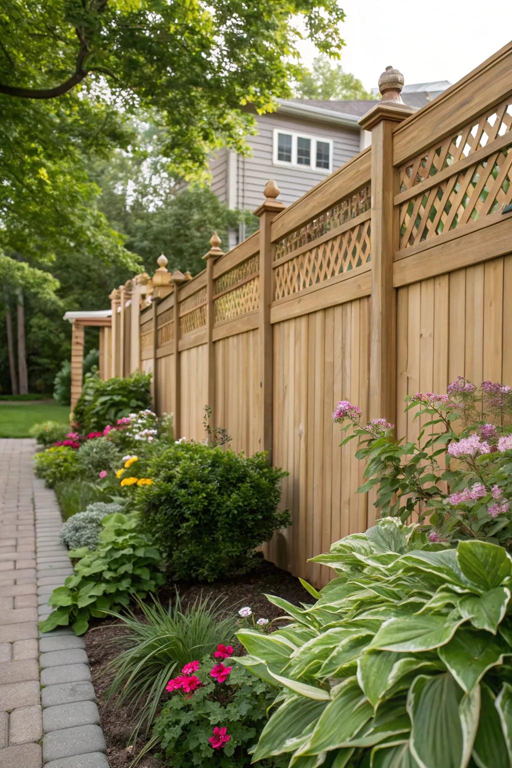 A composite fence in natural wood tones beautifully integrates with its green surroundings.