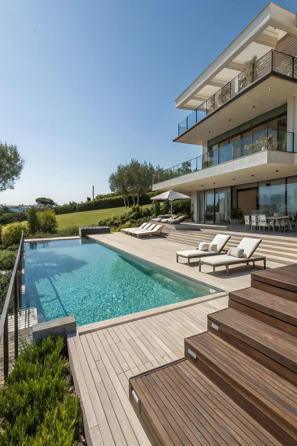 A multi-level deck offering distinct areas for relaxation and entertainment.