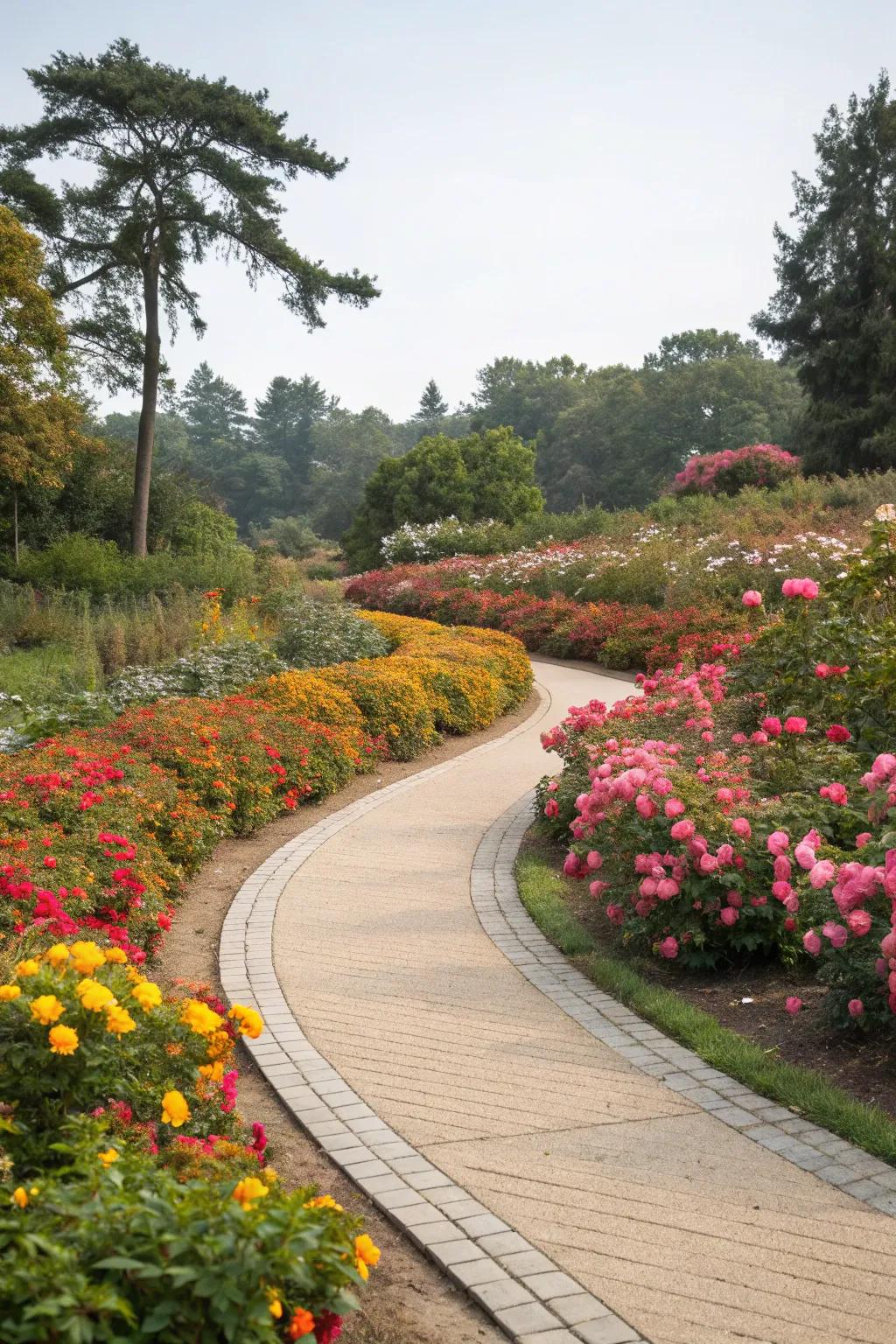 A gracefully curved composite walkway leading through a colorful garden.