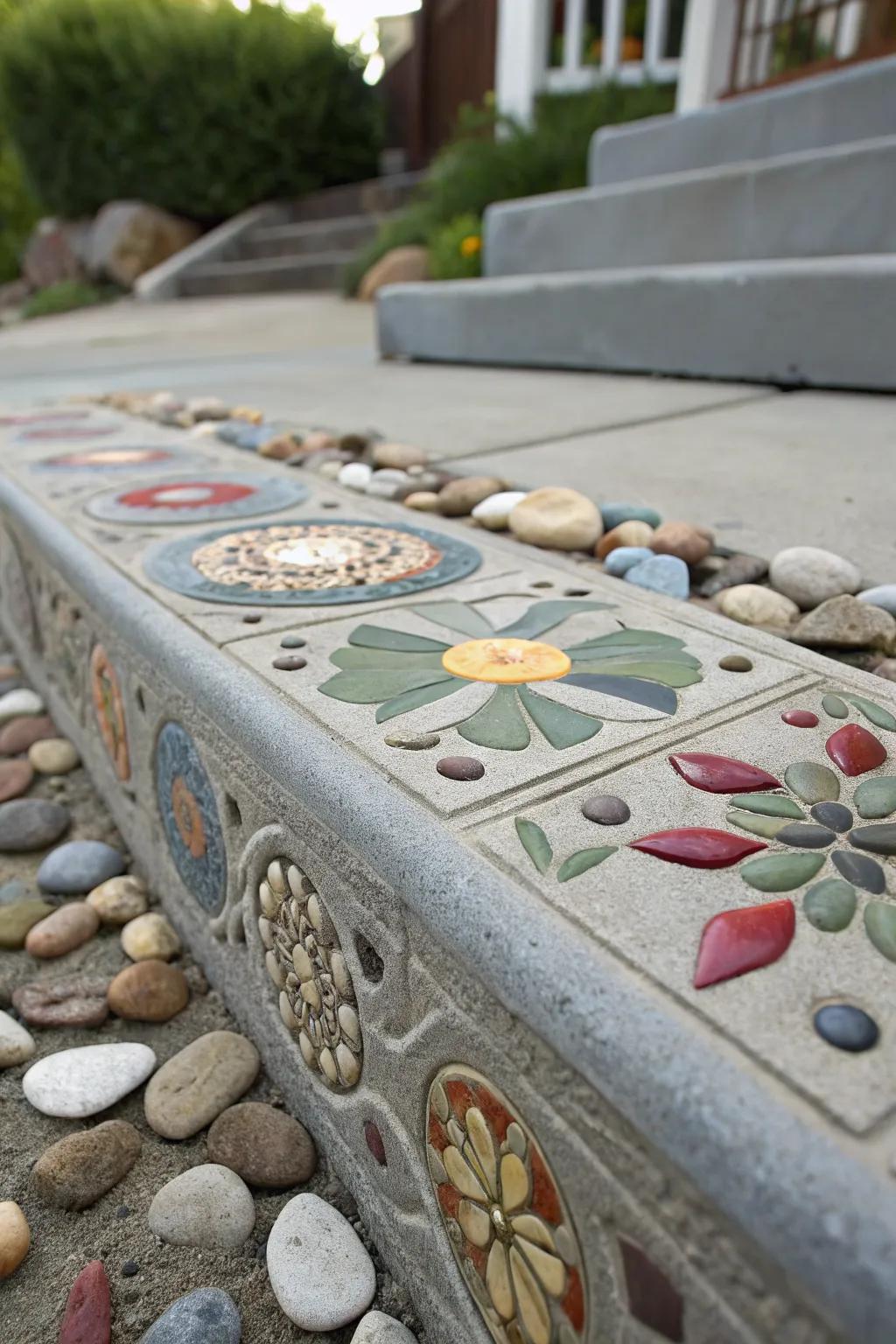 A decorative concrete surface featuring integrated stones and tiles for added texture.