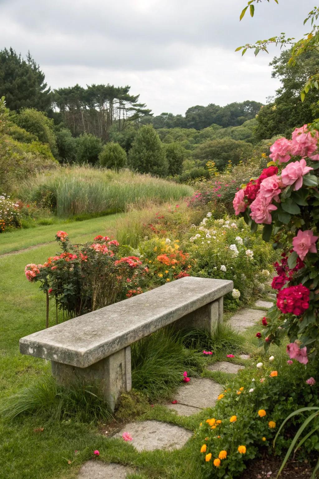 A concrete bench transformed into a serene garden oasis.