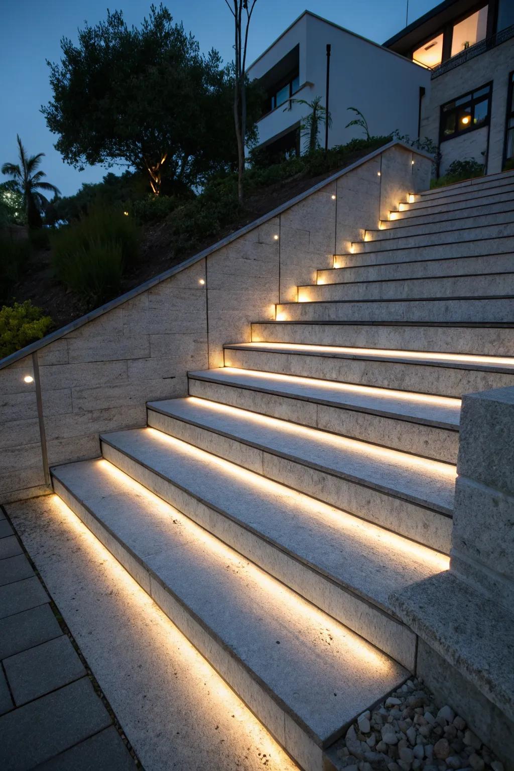 Concrete stairs elegantly illuminated with built-in lighting for safety and ambiance.