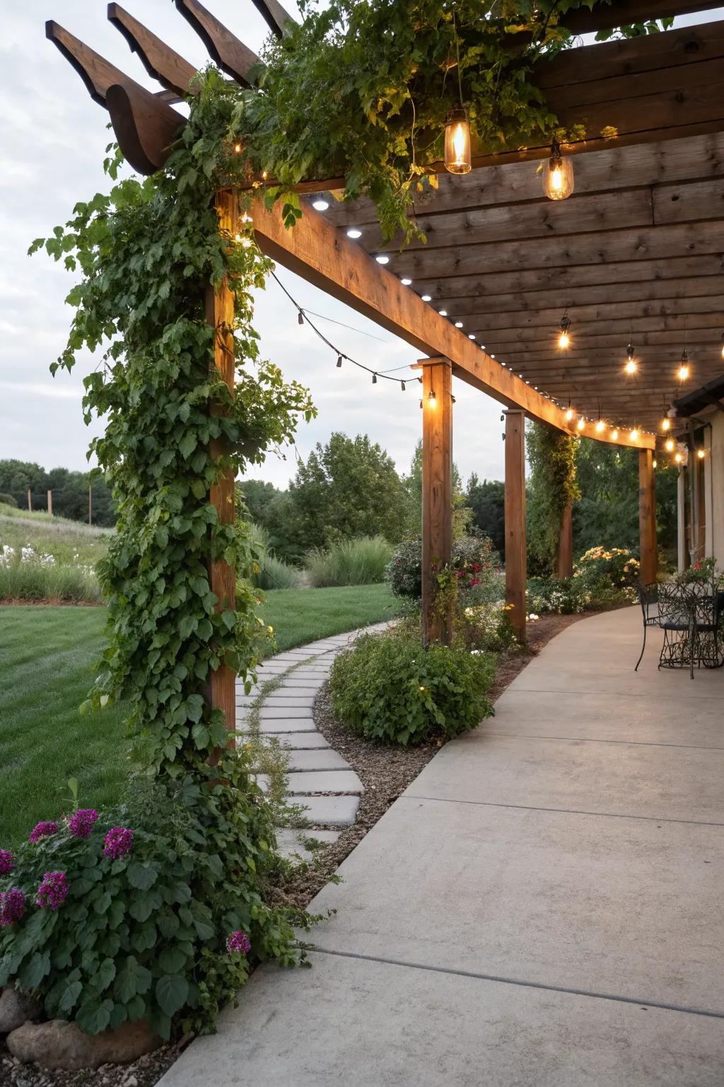 A pergola provides shade and a perfect frame for lush greenery.