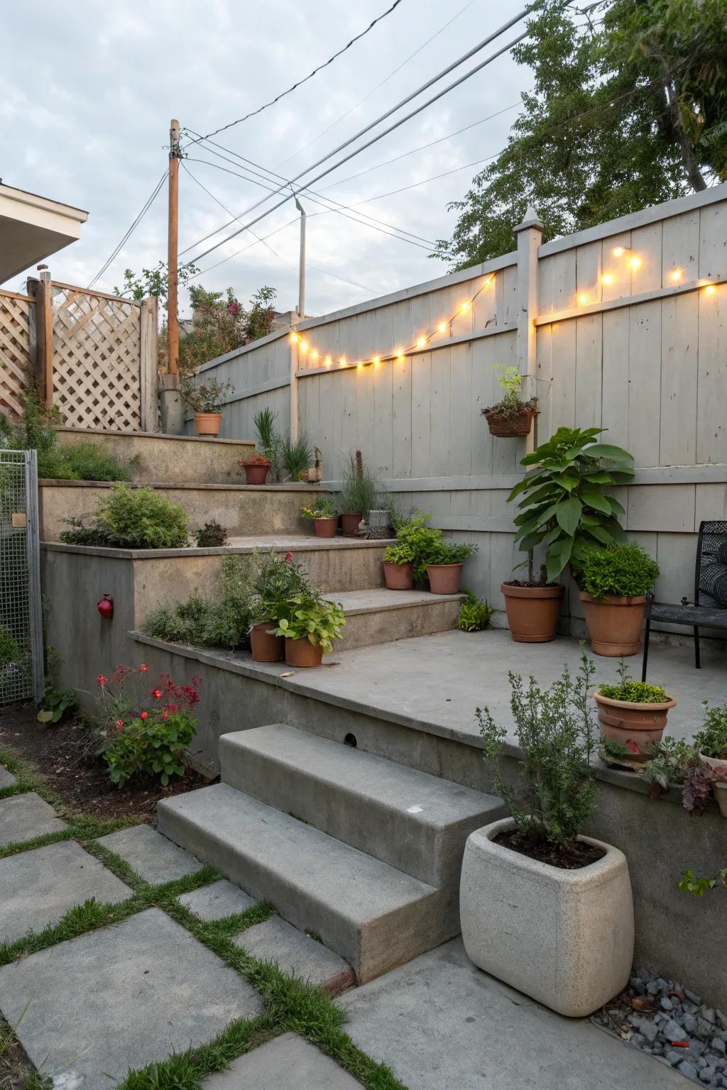Multi-level patios add depth and interest to compact spaces.
