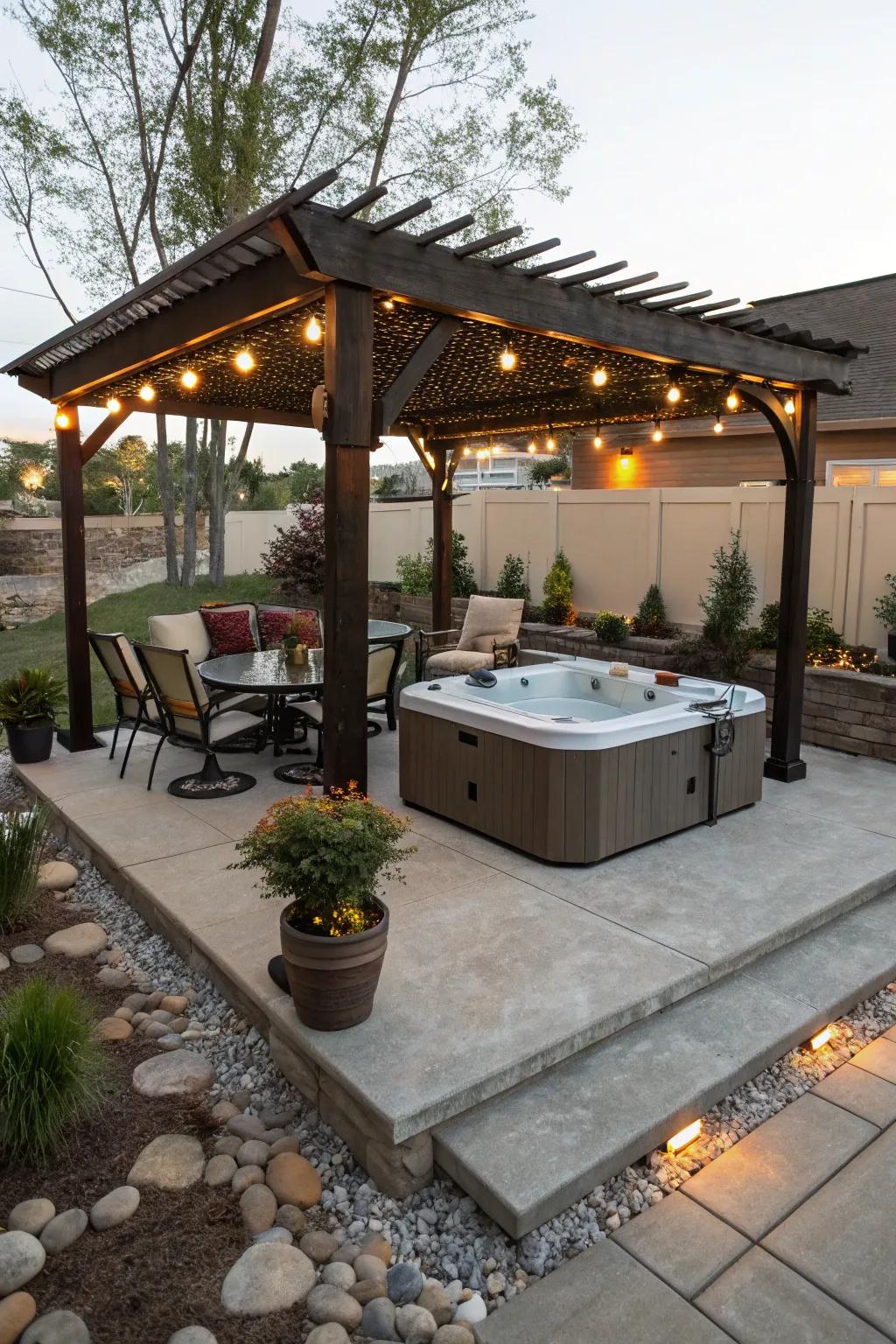 A charming pergola over a hot tub, perfect for enhancing your concrete patio's appeal.