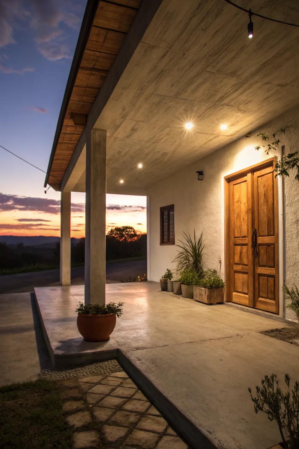 Concrete porch aglow with beautiful accent lighting.