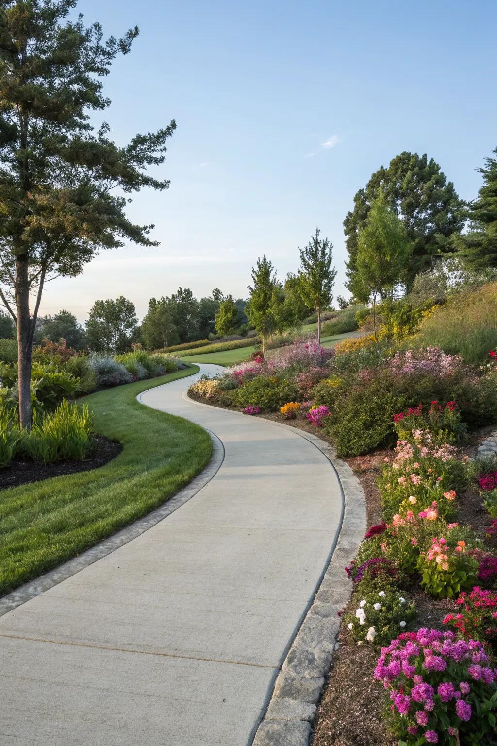 Create inviting pathways with softly curved concrete sidewalks.